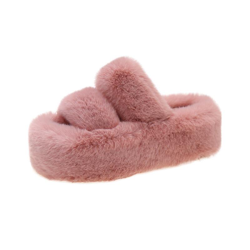 Cm Thick Bottom Fluffy Slippers Women's Muffin Bottom Large Size Parallel Bars Thickened Plush Flat Bottom One Word Warm Cotton Mop