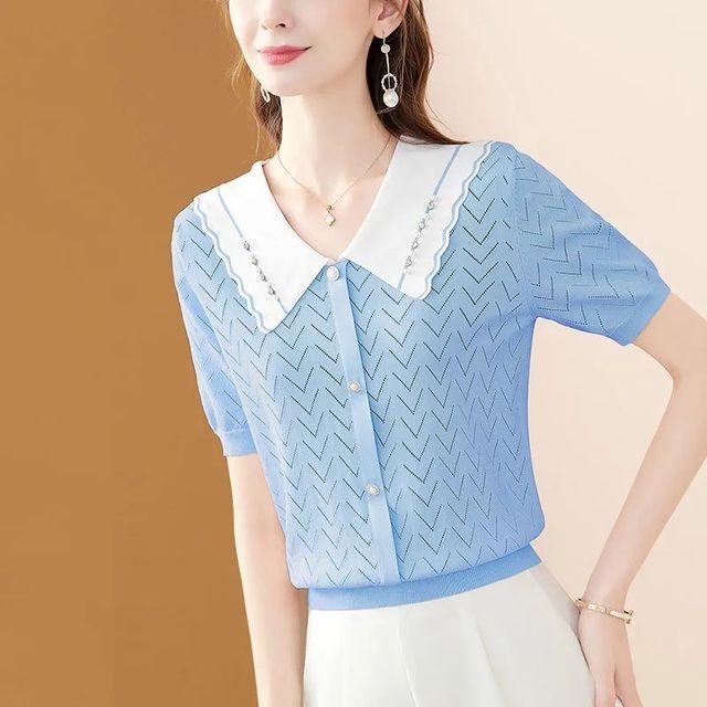 Eis Seide Gestrickte Top frauen Sommer Neue Puppe Kragen Nagel Perle Aushöhlen Dünne Bodenbildung Shirt S-3XL