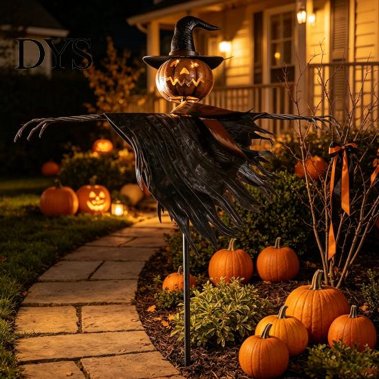 Automatic Nighttime Lighting Decor Halloween Solar Scarecrow Lantern, Scary Pumpkin Head Metal Garden Stake with Decorative Landscape Stakes