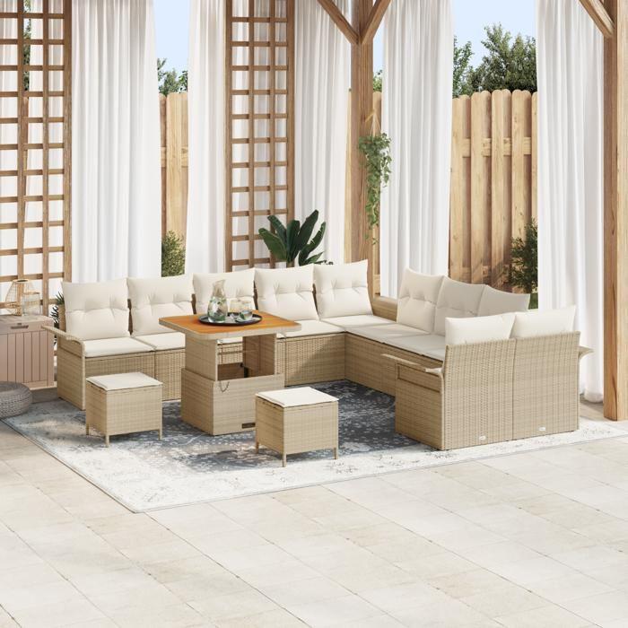 Ensemble de Canapés de Jardin de 13 Pièces avec Coussins Beige Rattan Acacia, Canapé de Jardin 2 Places avec Rangement &amp; 3364141