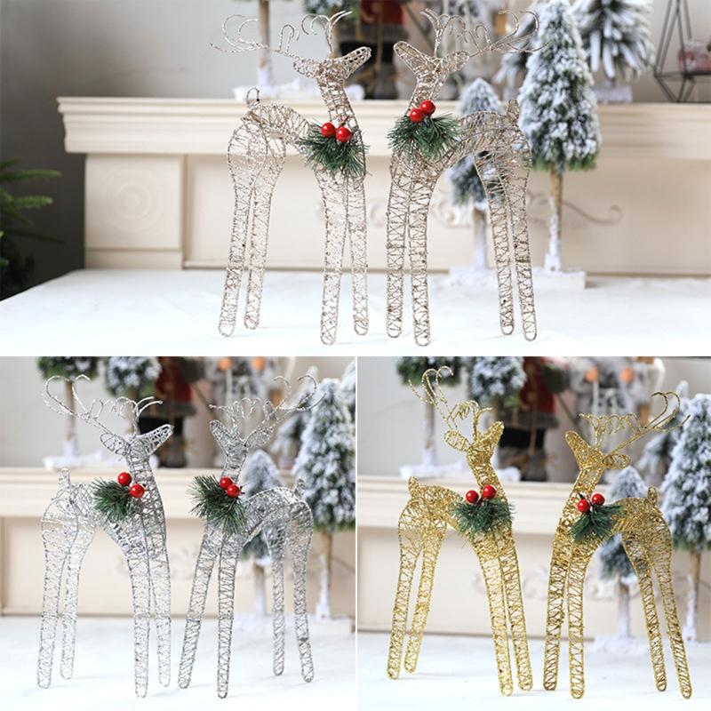 Christmas Wrought Iron Elk Ornament 1 Pair Red Berry Pine Needles Glitter Sequins for Home Decor Bedroom Living Room Decor