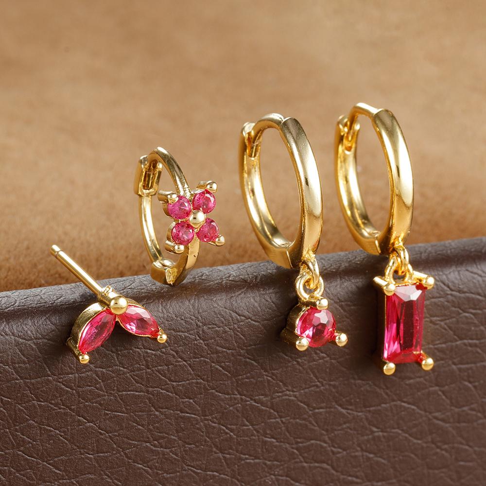 4PCS Stainless Steel Huggies Hoop Earrings Set For Women Rose Red Crystal Zirconia Unique Cartilage Earrings Piercing Jewelry