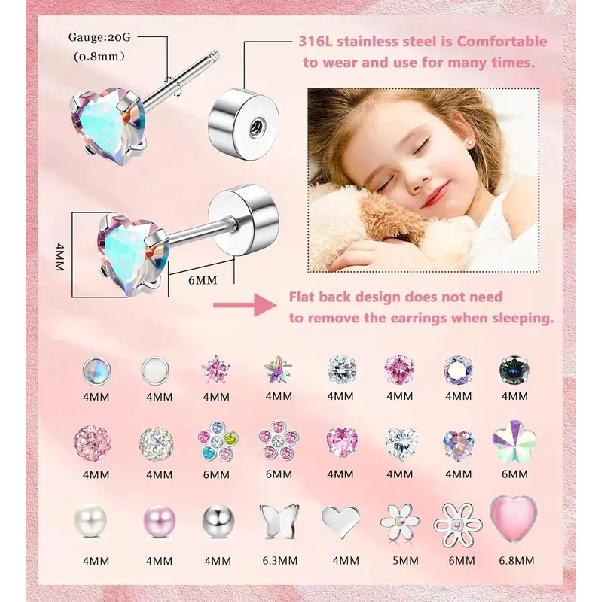 24Pairs Stainless Steel Stud Earrings for Women CZ Screw Back 4mm Tiny Flat Back Studs Cute Dainty Jewelry Gift Set 16G 18G