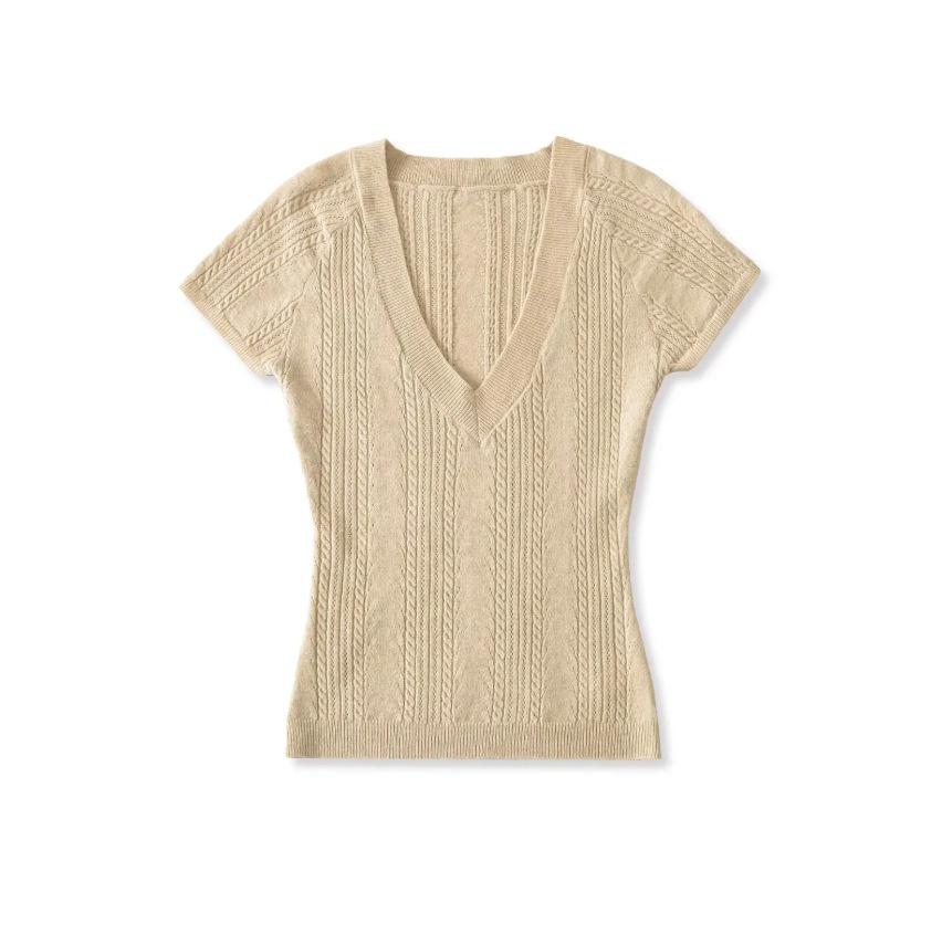 V-neck hollow short-sleeved T-shirt women's summer new American Spice Girl solid color slim-fitting knitted bottoming top