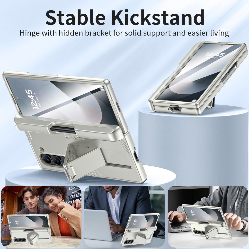 for Samsung Galaxy Z Fold 6 Phone Case With S Pen Holder, Hidden Stand, Screen Protector, Sturdy Shockproof Protective Case-Champagne