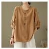Summer Women Plus Size Round Neck Solid Color Tops Loose Cotton and Linen Button Comfortable Casual Short Sleeved T-shirt