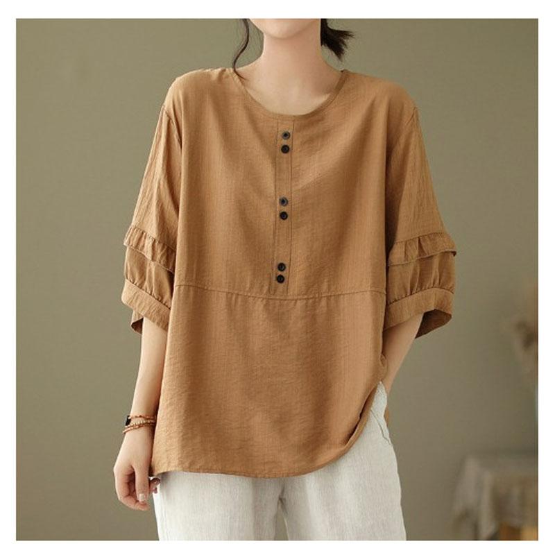 Summer Women Plus Size Round Neck Solid Color Tops Loose Cotton and Linen Button Comfortable Casual Short Sleeved T-shirt