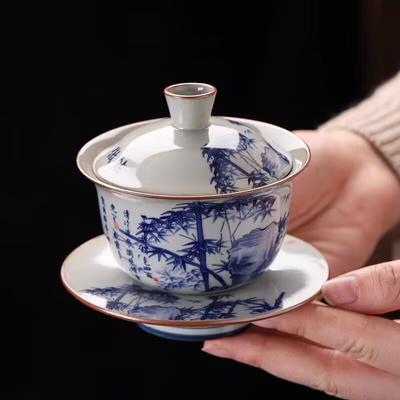 Blue And White Sancai Cover Bowl Ceramic Kung Fu Tea Set Teacup Household Tea Making Large Cover Bowl Anti-Scalding Tea Bowl