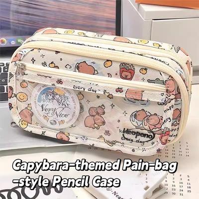 Capybara Cartoon Print Pencil Case Multi-functional Ins Flip Over Pen Bag For Student Large Capacity Stationery Storage Pouch