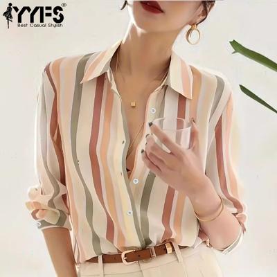 Camicette e camicie a maniche lunghe con scollo a V e stampa a righe, casual, primavera-autunno, da donna