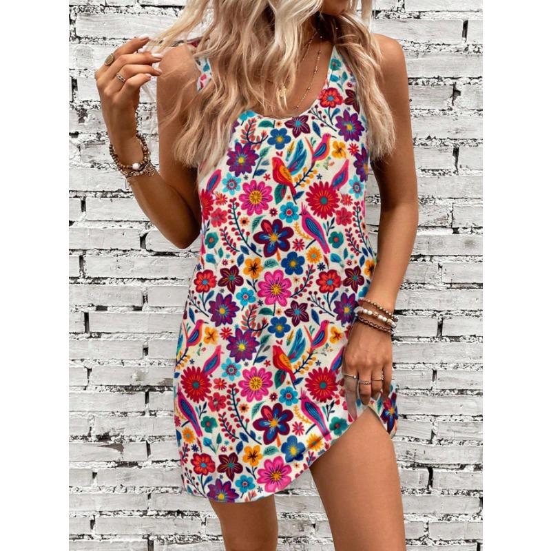 Casual Vintage Floral Pattern Round Neck Short Tank Dress For Women Suitable For Summer Vacation Dress Vacation Clothes