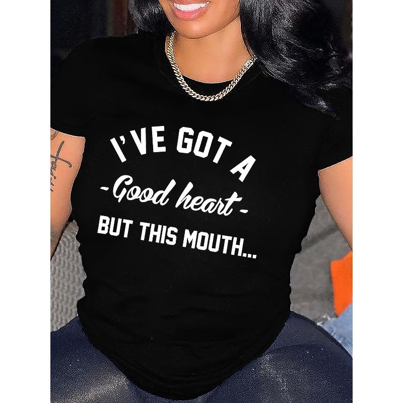 

European Size Fashionable Letter Print Casual Crew Neck Women S Short Sleeve Top 4XL чорний