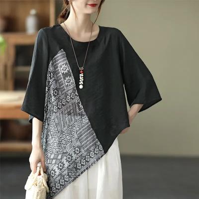 Plus Size Irregular Short Sleeve T-Shirt Women Summer Contrast Vintage Print Loose Casual Oversized Tops