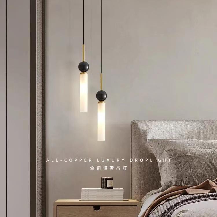 Italian minimalist all copper bedroom bedside chandelier, luxurious marble master bedroom, minimalist living room, background wa