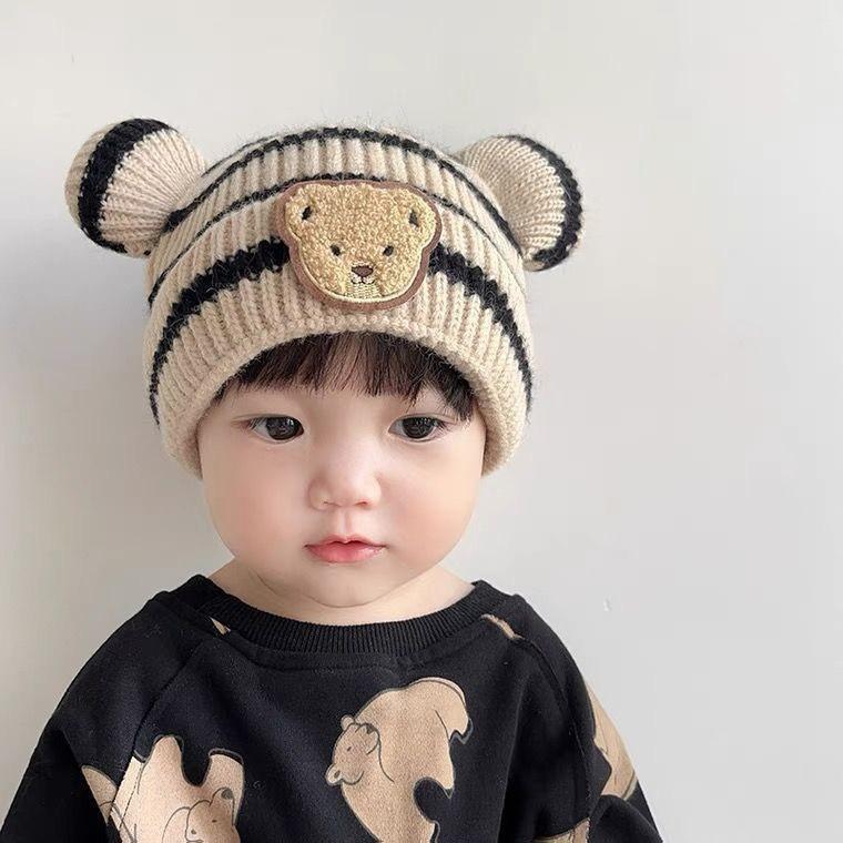 Autumn and winter children's warm hat cute striped bear hat baby double ball knitted hat men's and women's treasure hats
