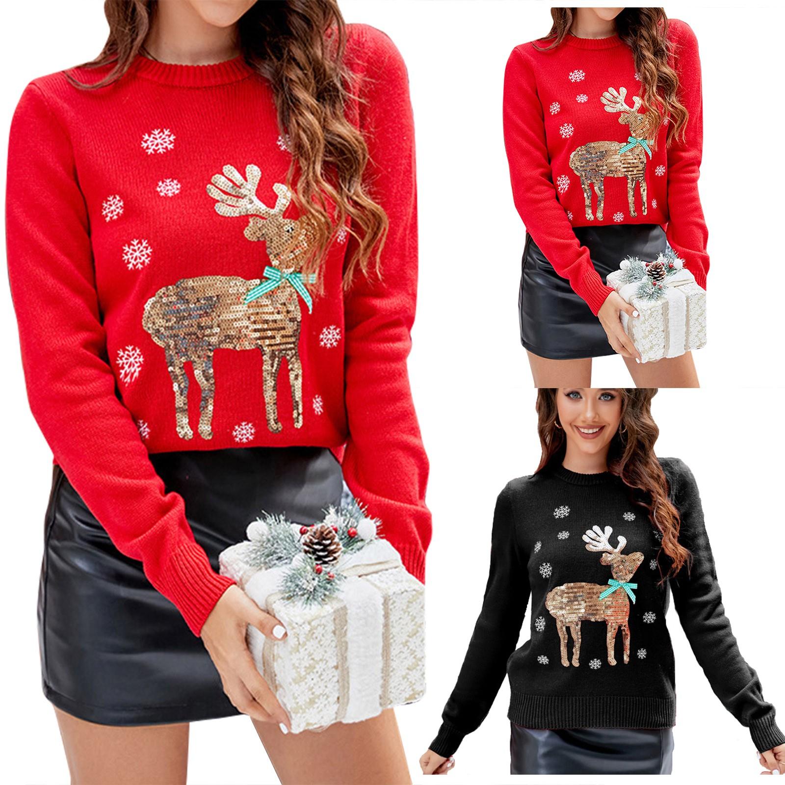 

Women s Fashion Knitted Top Fawn Embroidery Cute Christmas Knitted Sweater