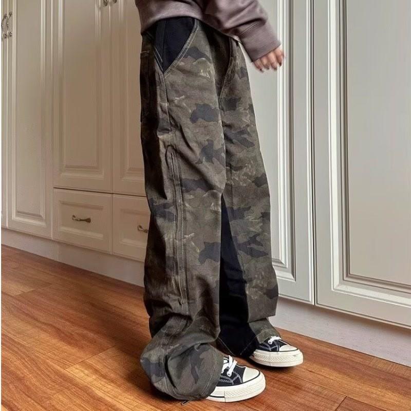 Vintage Distressed Cargo Jeans Men Women Loose Straight Fit Camo Patchwork Denim Pants Casual Wear