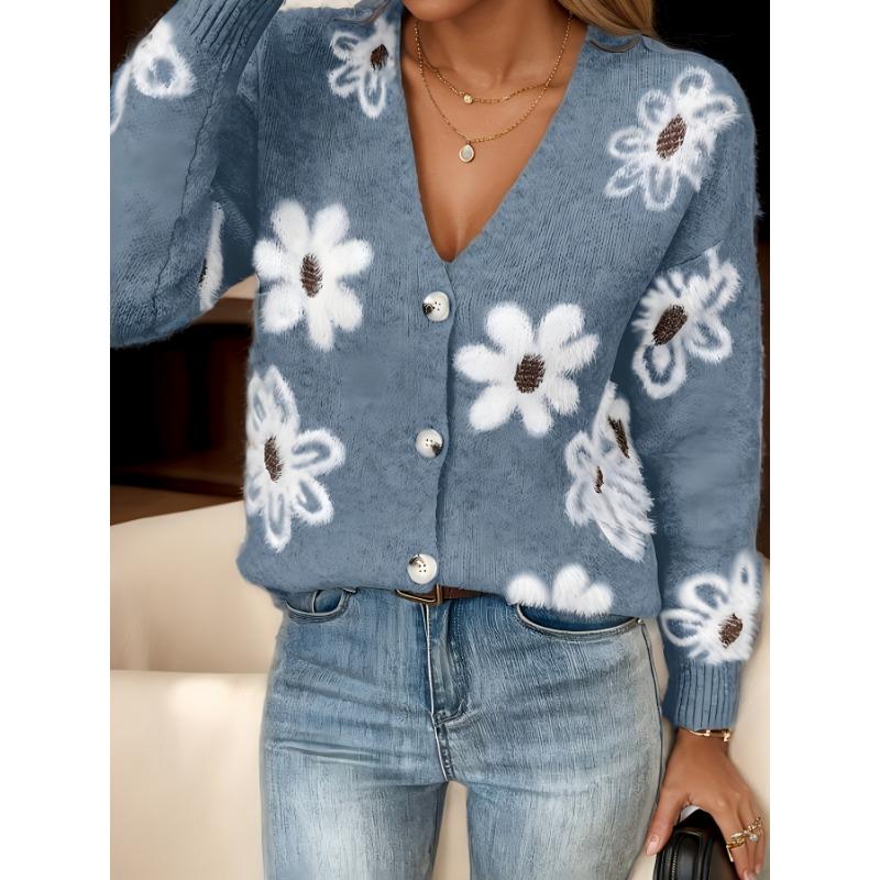 Floral Pattern Button Front Cardigan, Casual V Neck Long Sleeve Cardigan for Fall & Winter, Women's Clothing