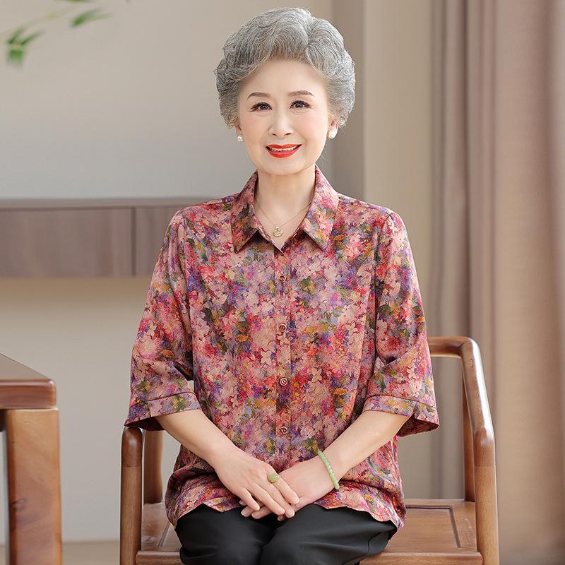 

Elderly Women s Summer Silk Shirts: New Mulberry Silk Patterned Tops 3XL (120-135 jin) червоний