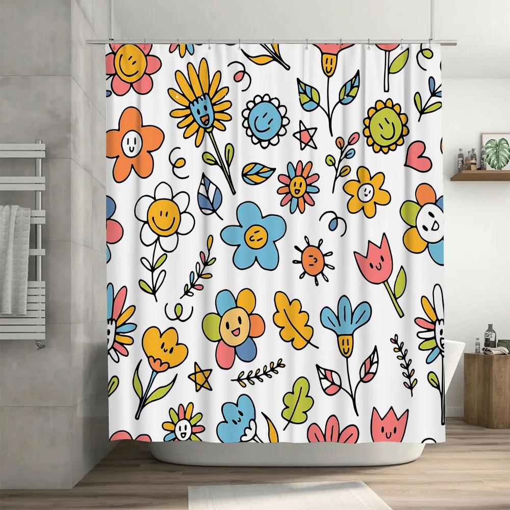 Bright Flower Shower Curtain SetMulticolored Sunflowers with Smiley Faces for Bathroom Decor Plastic Rod Included (White)