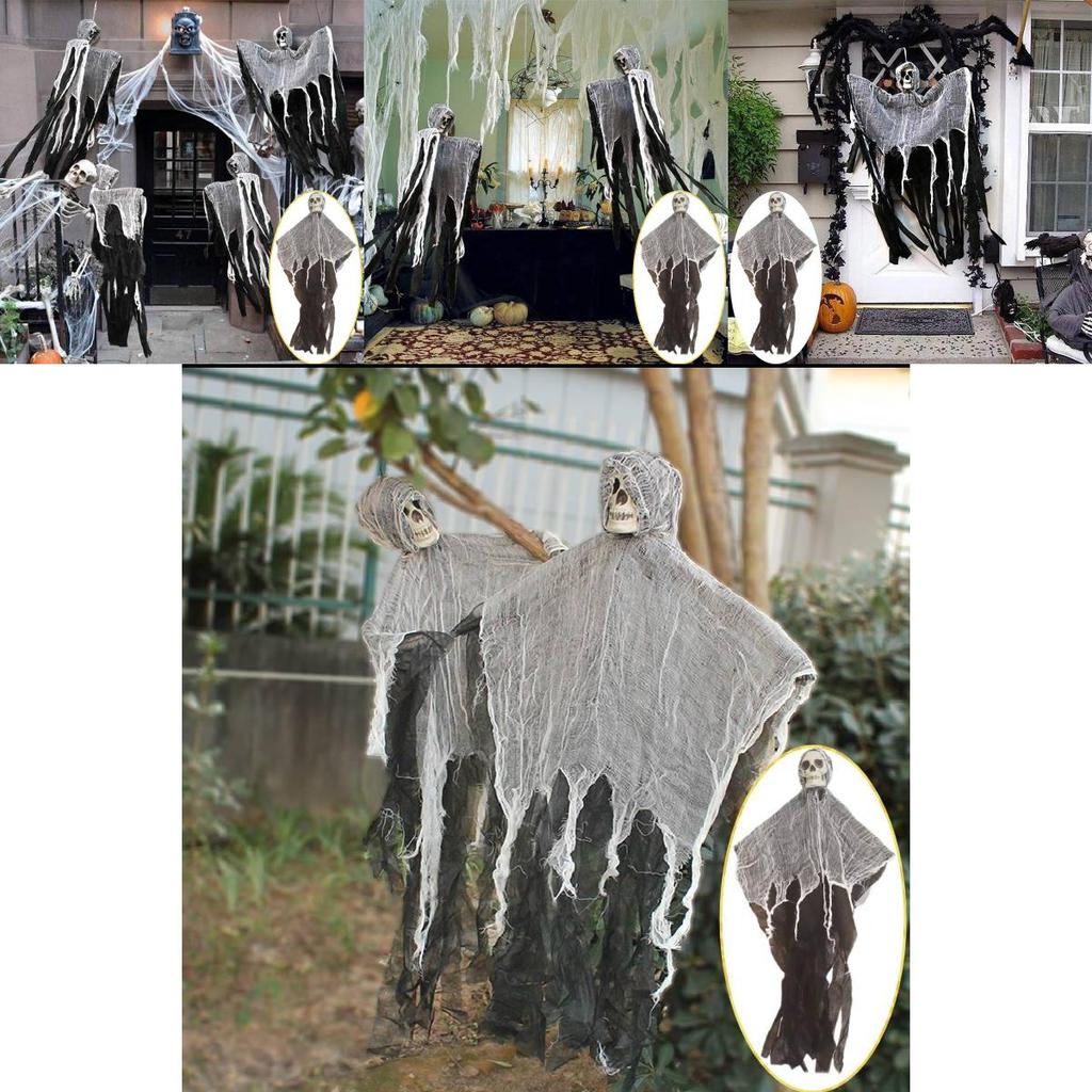 Läskig Halloween-dekoration Hängande spökskalle med gasväv För spökhus Läskig rekvisita