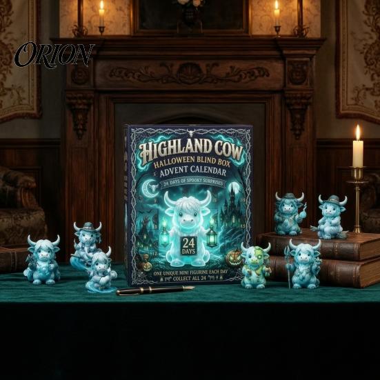 Christmas Home Decor Holiday Advent Calendar, 24 Days Countdown Calendar with Pcs Mini Acrylic Highland Cow/Cat/Green Elf Figures, Collectible