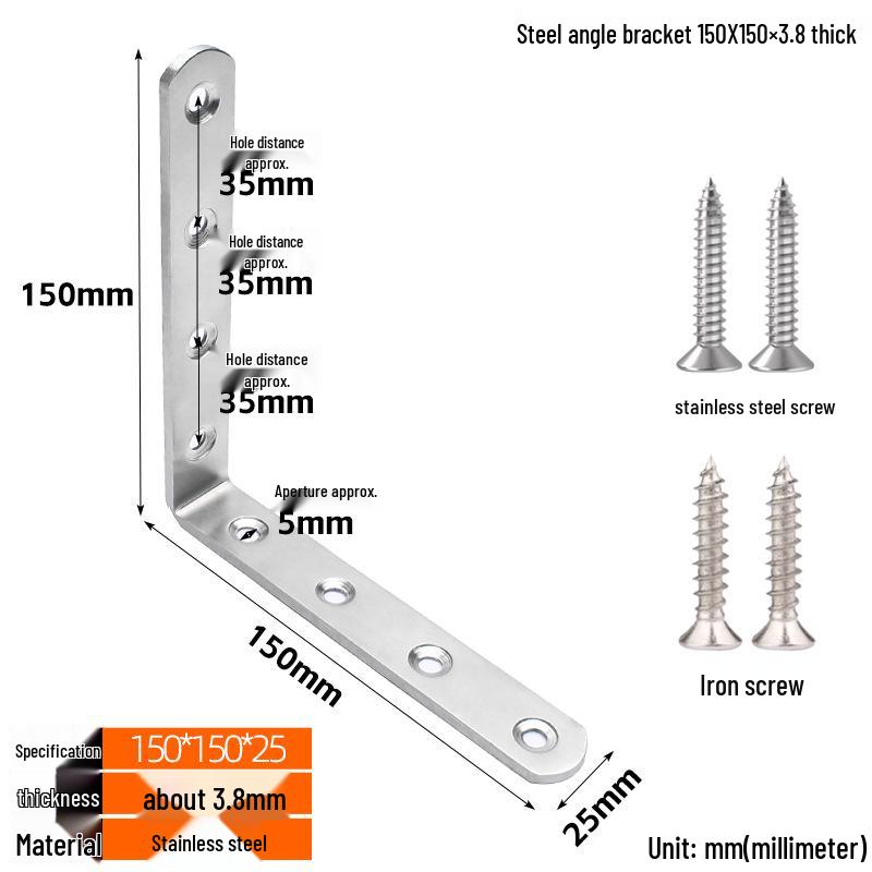 Thickened Stainless Steel 90° L-Shaped Bracket for Furniture and Shelves