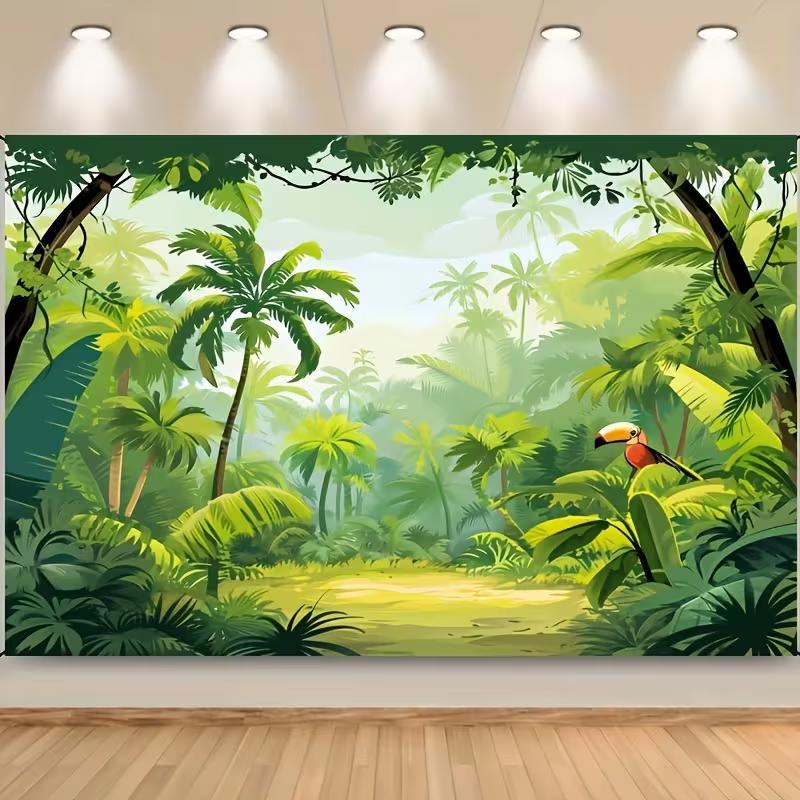 2D Cartoon Jungle Backdrop, Tropical Rainforest with Palm Trees & Toucan Party Photography Background