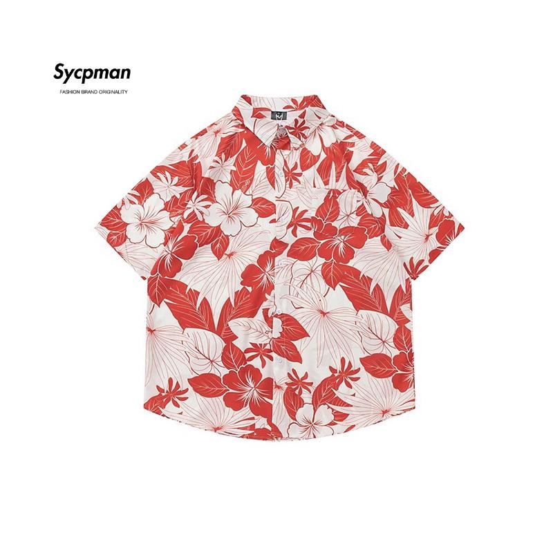 

Sycpman ретро цветные рубашки с цветочным принтом с короткими рукавами для мужчин свободная рубашка в стиле HK пара повседневная одежда на лето