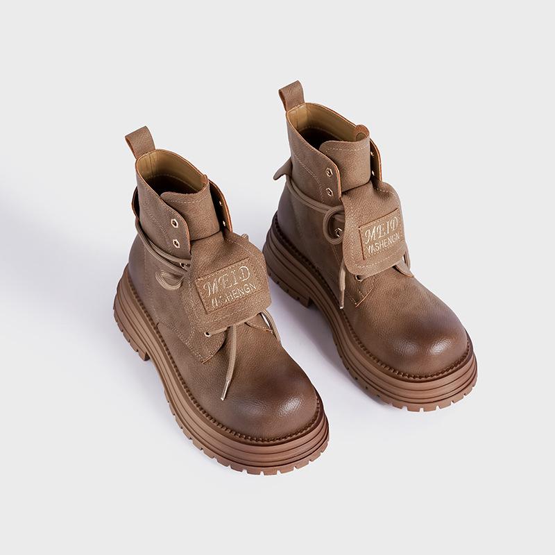

Fashion 2025 Autumn Winter Lace-up Platform Leather Women Motorcycle Boots Goth Fashion Chunky Wedges Ankle Boots Shoes Botas Mujer 40 хаки