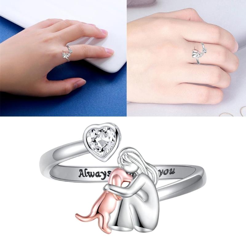 Electroplated Adjustable Heart Rings With Girl and Dog Charm Sturdy Designs for Animal Lovers and Fashion Enthusiasts
