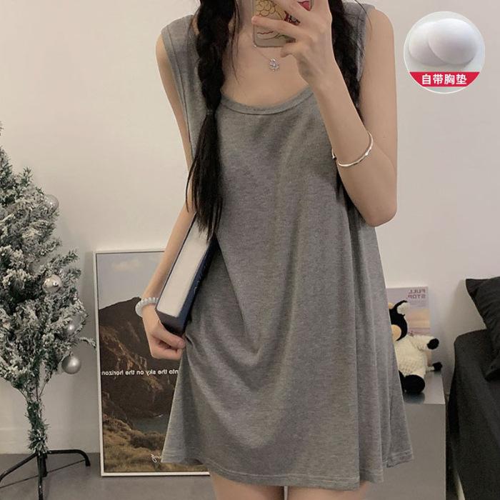 

Summer new solid color medium and long nightdress women s chest pad human cotton comfortable vest skirt loungewear tide XXL темно-сірий