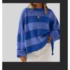 Women's Blue and White Stripe Loose Fit Long Sleeve Crew Neck Sweater
