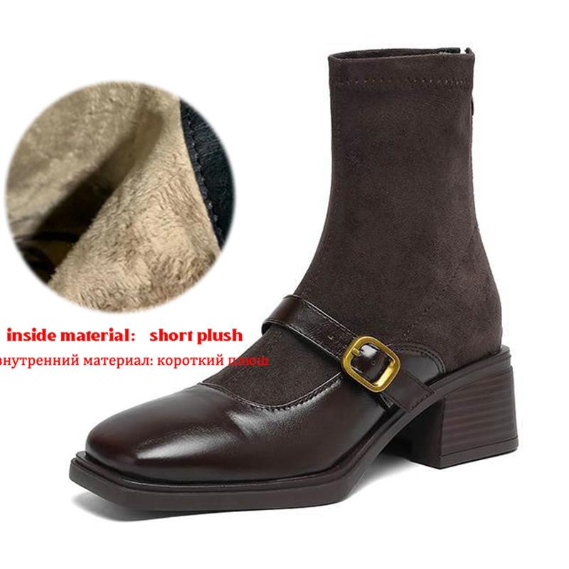 Krazing Pot Flock Winter Square Toe Modern Size 33 Boots Size 43 Slip on Metal Buckle Fashion Stretch Ankle Boots