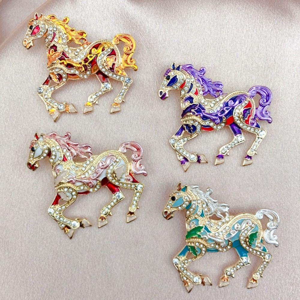 Crystal Enamel Horse Brooch Pin Sparkling Mascot Horse Lapel Pin Zodiac Horse Brooch  Good Luck