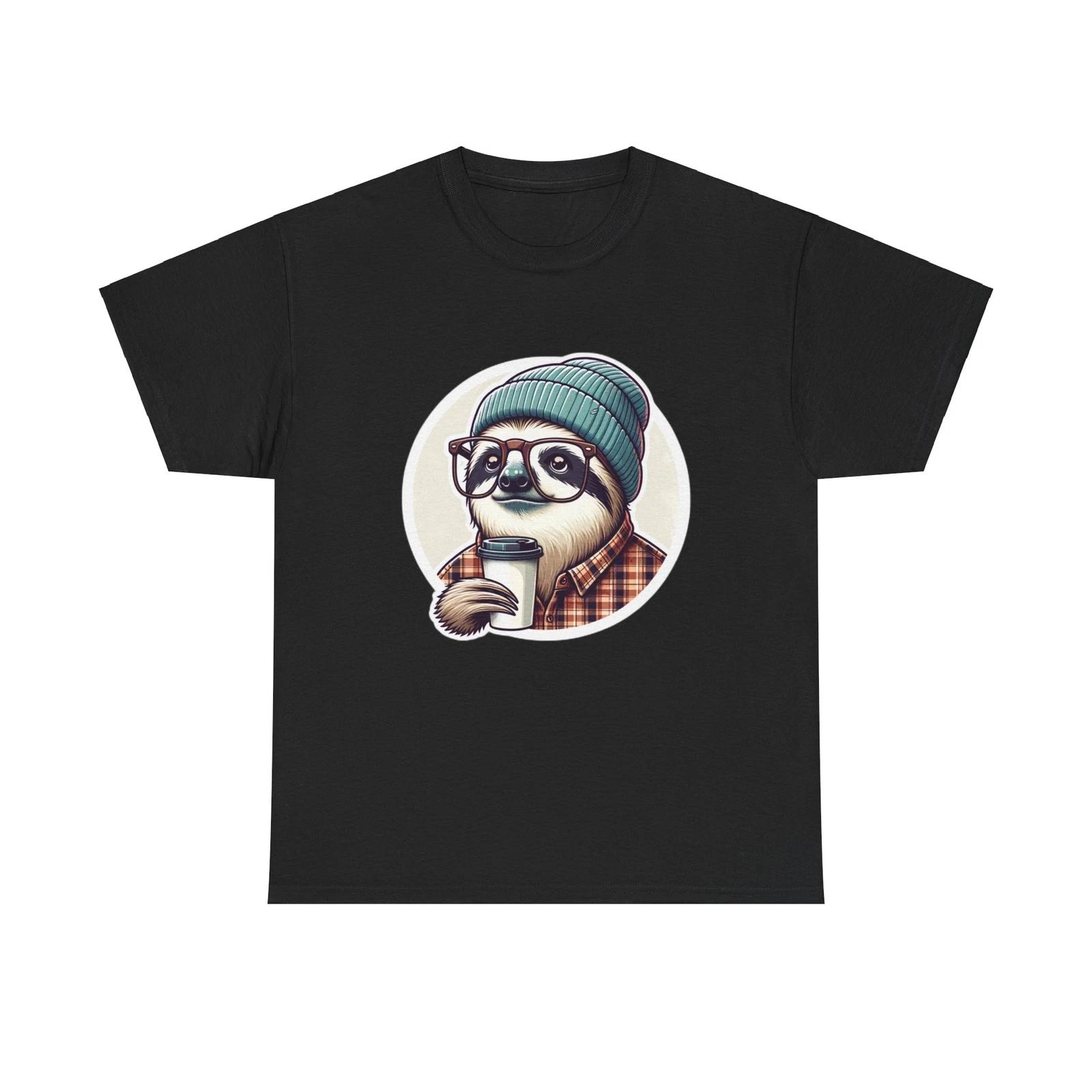 Unisex Adult T Shirt Sloth Hipster Beanie Glasses Latte Coffee Barista Fun Gift 2XL