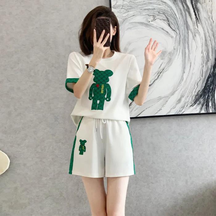 Pink Bear Suit for Women, Summer, Light and Mature Style, Hong Kong Style, Fashionable, Foreign Style, Bear Thin Shorts Two-piece Set