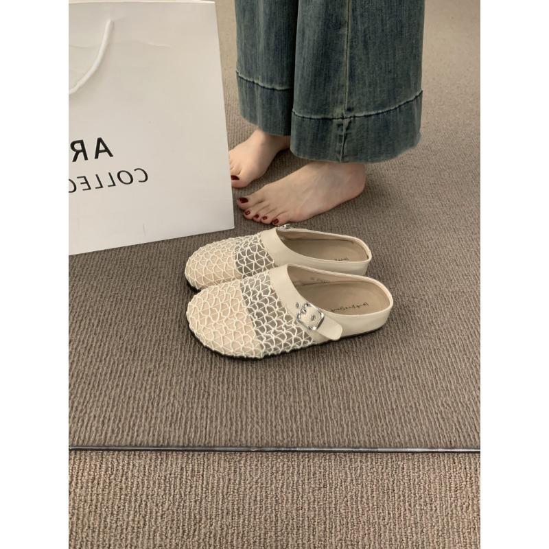 Niche hollow breathable mesh yarn bag head half slippers women summer wear a pedal thick bottom fishing net