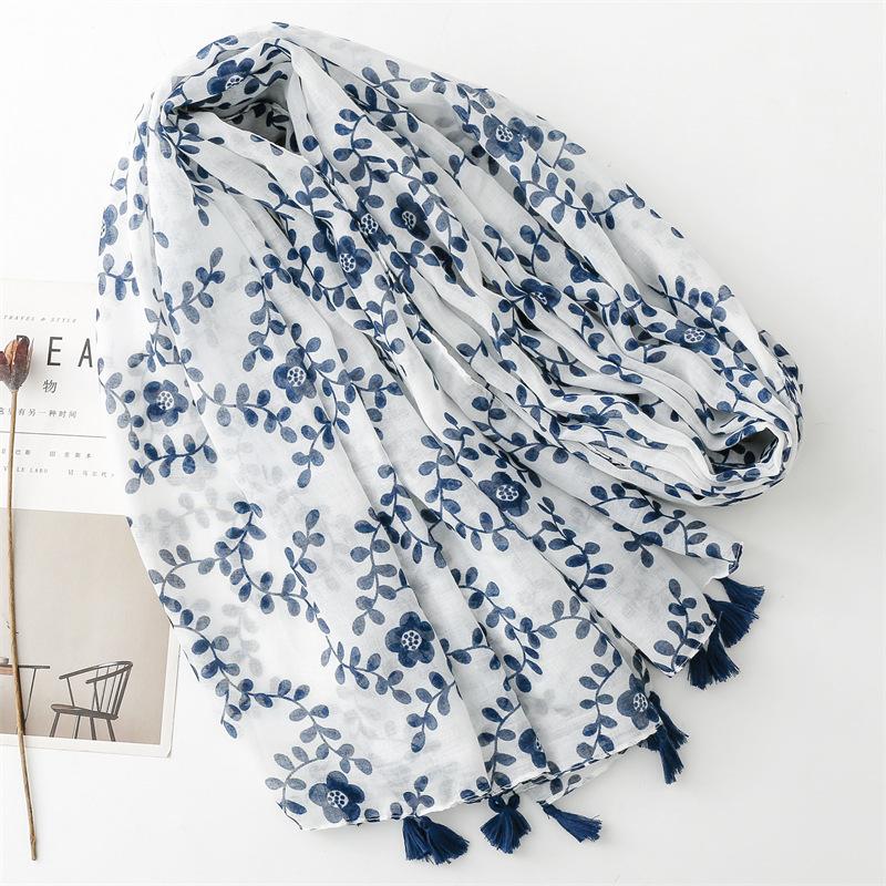 Four Seasons Cotton And Hemp Texture Scarf Retro Art Ethnic Style Blue Flower Balinese Silk Scarf Tourist Shawl