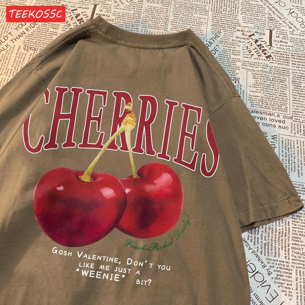 

Trend Cotton Women S T-Shirts Fresh Red Cherries Printing Tops Oversize O-Neck Soft Short Sleeve Summer Casual Female Clothes S