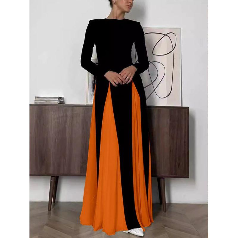 

European and American New Fashion Color Matching Slim fit round Neck Long sleeve dress Splicing round Neck Neck Dress Orange S