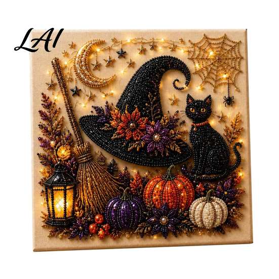 DIY Craft Projects for Adults Halloween Faux Pearl Art Kit Spooky Cute 3D Diamond Painting Easy Crafting Beginners Craft Witch Black Cat Pumpkin