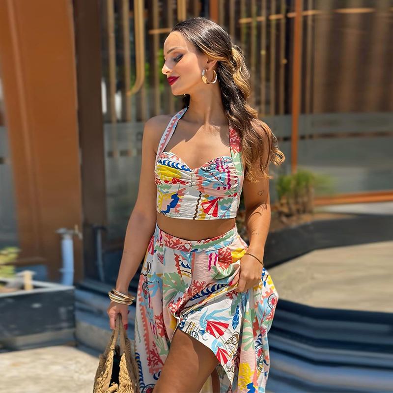 Women Sexy Printed Halter Skirt Suits Summer Sleeveless Backless Crop Top Single Breasted Split Skirts Two Piece Sets