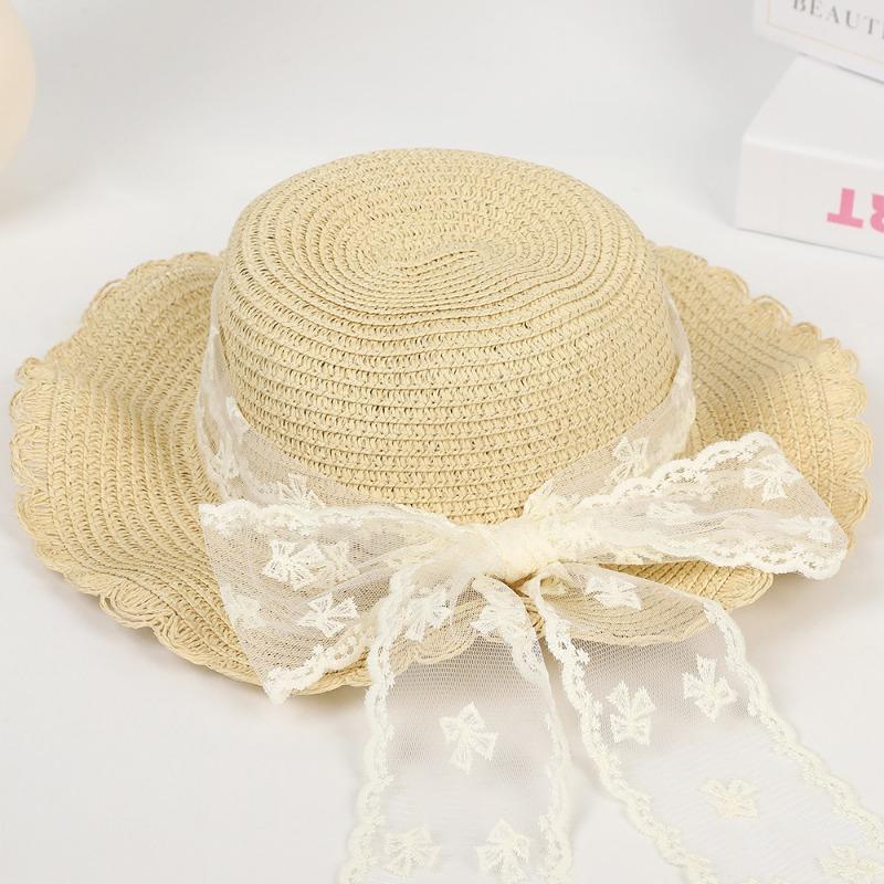 Sweet Lace Bow Straw Hat Outdoor Big Eaves Sun Hat Fashion Lace Ribbon UV Protective Straw Hat