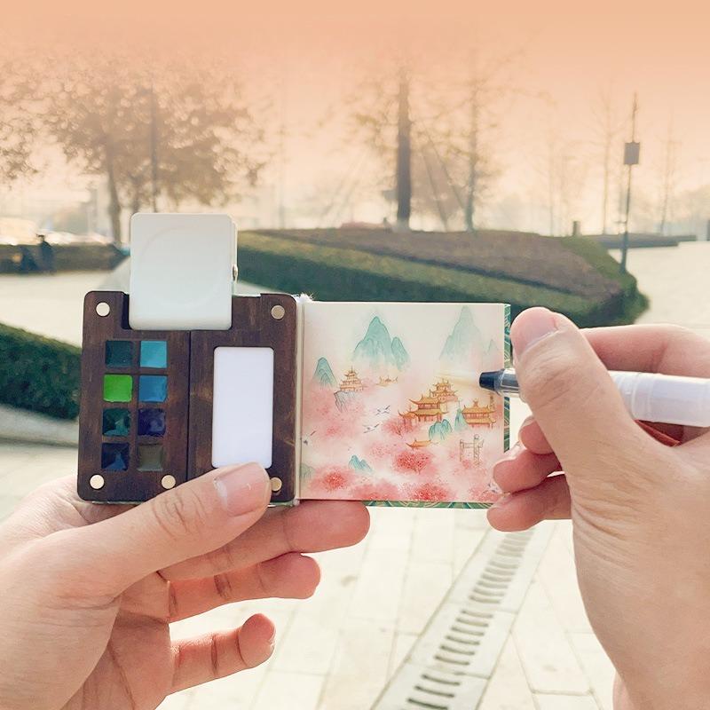 Mini Portable Watercolor Pigment 8 Colors 0.2ml Solid Packaging Wooden Box Set Diary Travel Painting Portable Art Watercolor