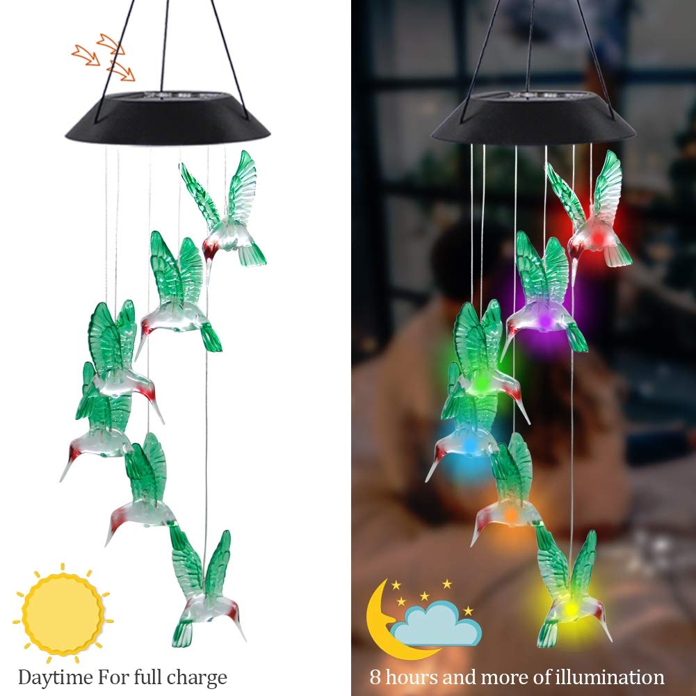 1PC Colorful Gradient Garden LED Wind Chimes Decorated Solar Hummingbird Landscape Garden Lights Decorated Atmosphere