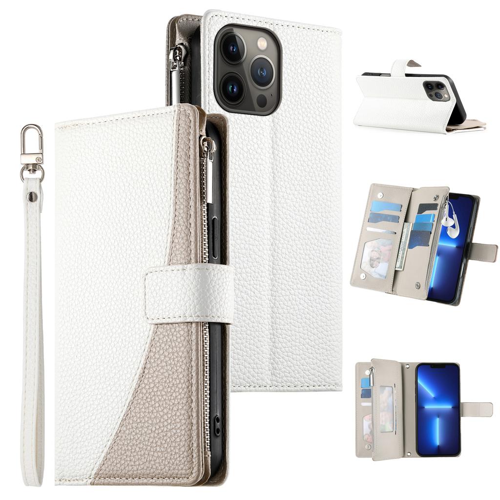For iPhone 13 Pro Max Case Zipper Pocket Wallet Color Splicing Leather Flip Phone Cover with Straps