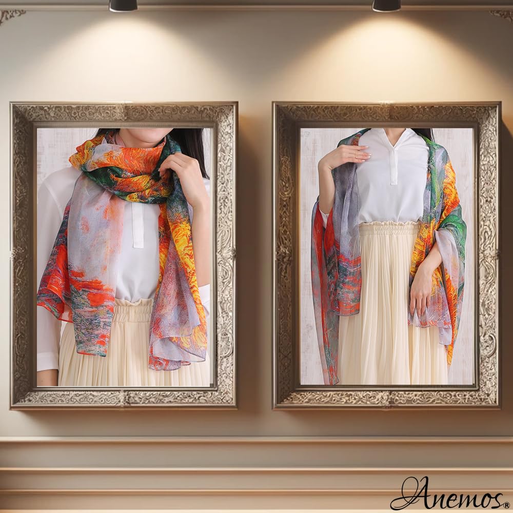 Seide Impressionist Claude Monet Sonnenblumen Chiffonseide Großes Meisterwerk Stola Geschenk [Anemos] 100%