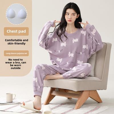 Frühling Herbst Pyjama Set mit Brustpolster für Damen Übergröße 4XL 5XL Cartoon-Print Langarm Oberteil und Hose Nachtwäsche weiblich Lässige Pyjamas Homewear