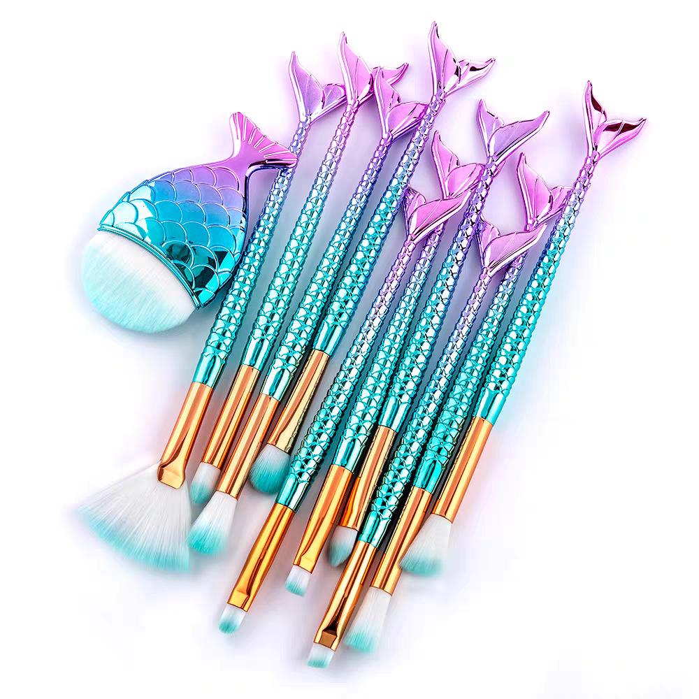 

10-Piece Gradient Mermaid Makeup Brush Set - Includes Big Fish Foundation & Fishtail Eye Brushes Single